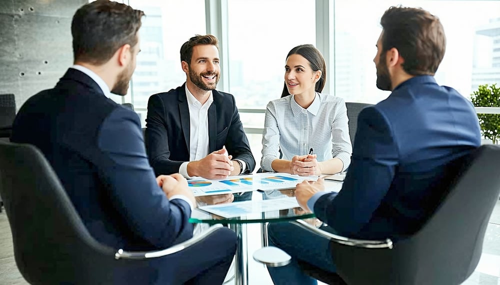 Financial advisors discussing investment opportunities with clients Financial advisors discussing investment opportunities with clients